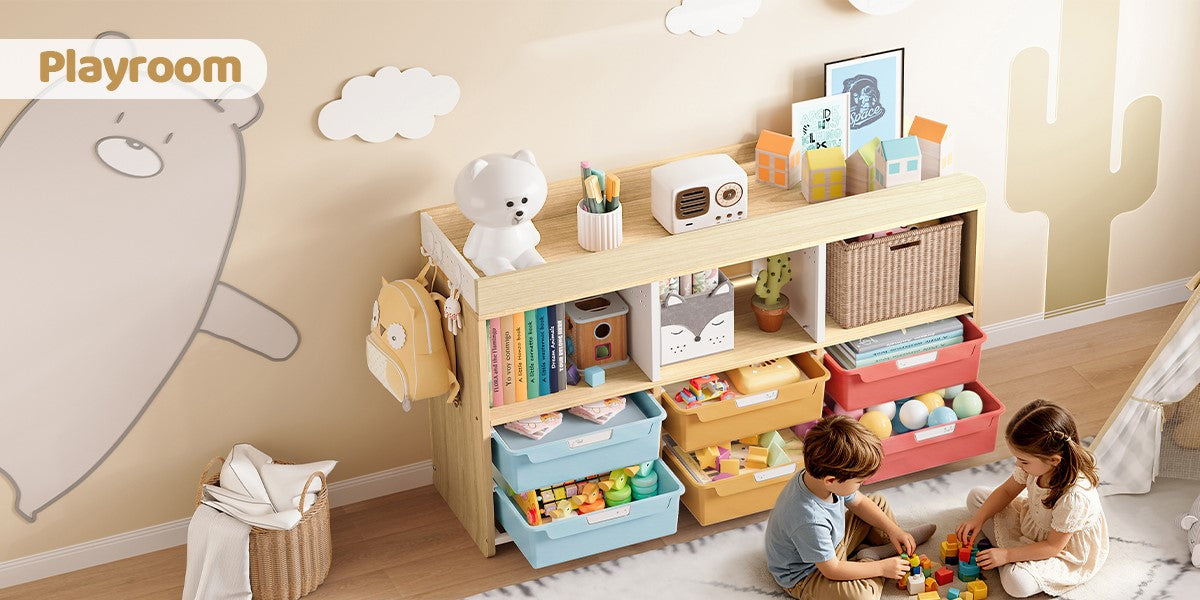 Wooden kids storage cubbies with colorful bins in a playroom while two children play