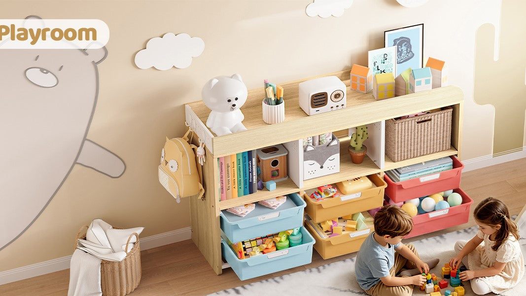 Wooden kids storage cubbies with colorful bins in a playroom while two children play
