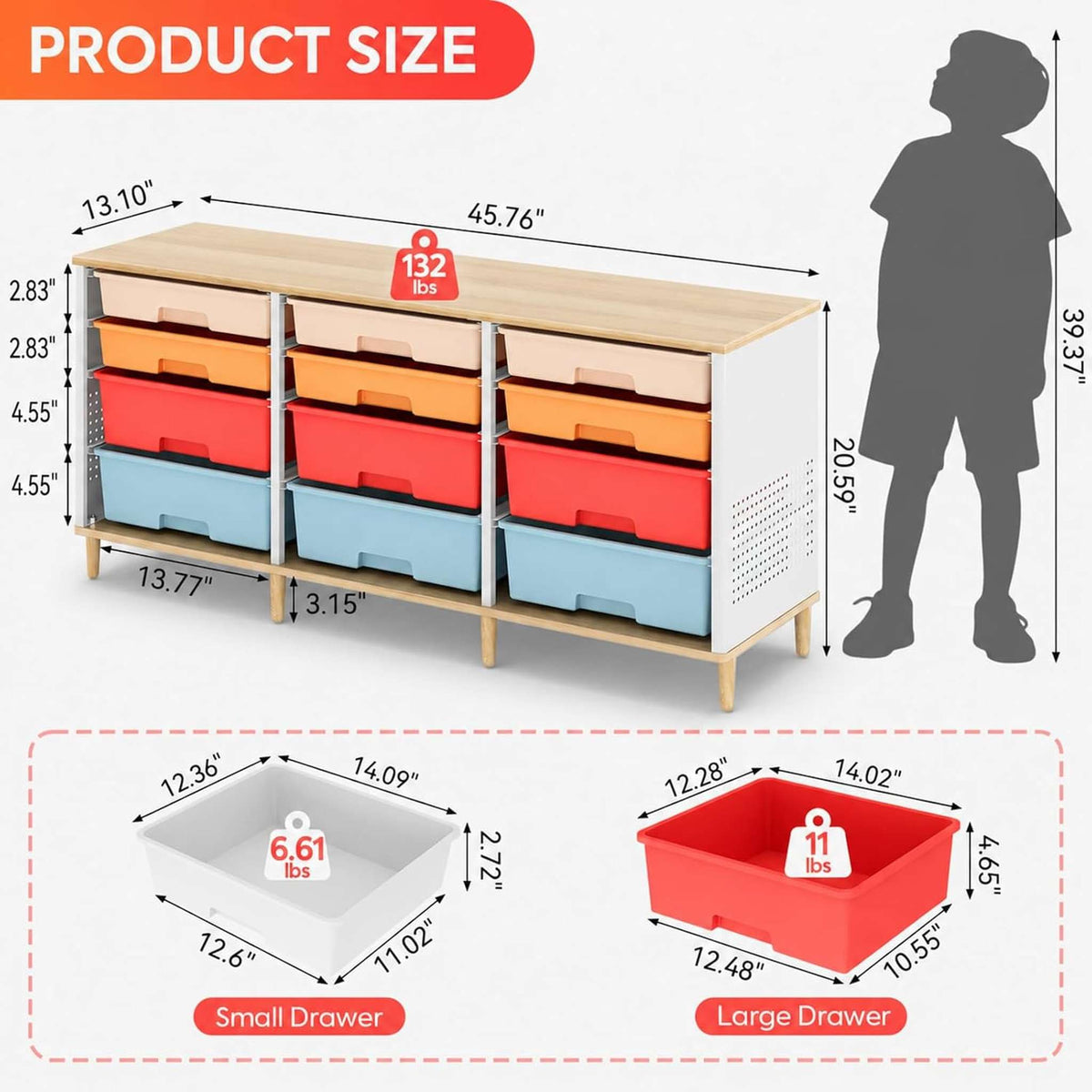 SYKIARIOL 12-drawer storage cabinet – size infographic: 45.76 in wide, 13.1 in deep, 20.55 in tall, 132 lb capacity
