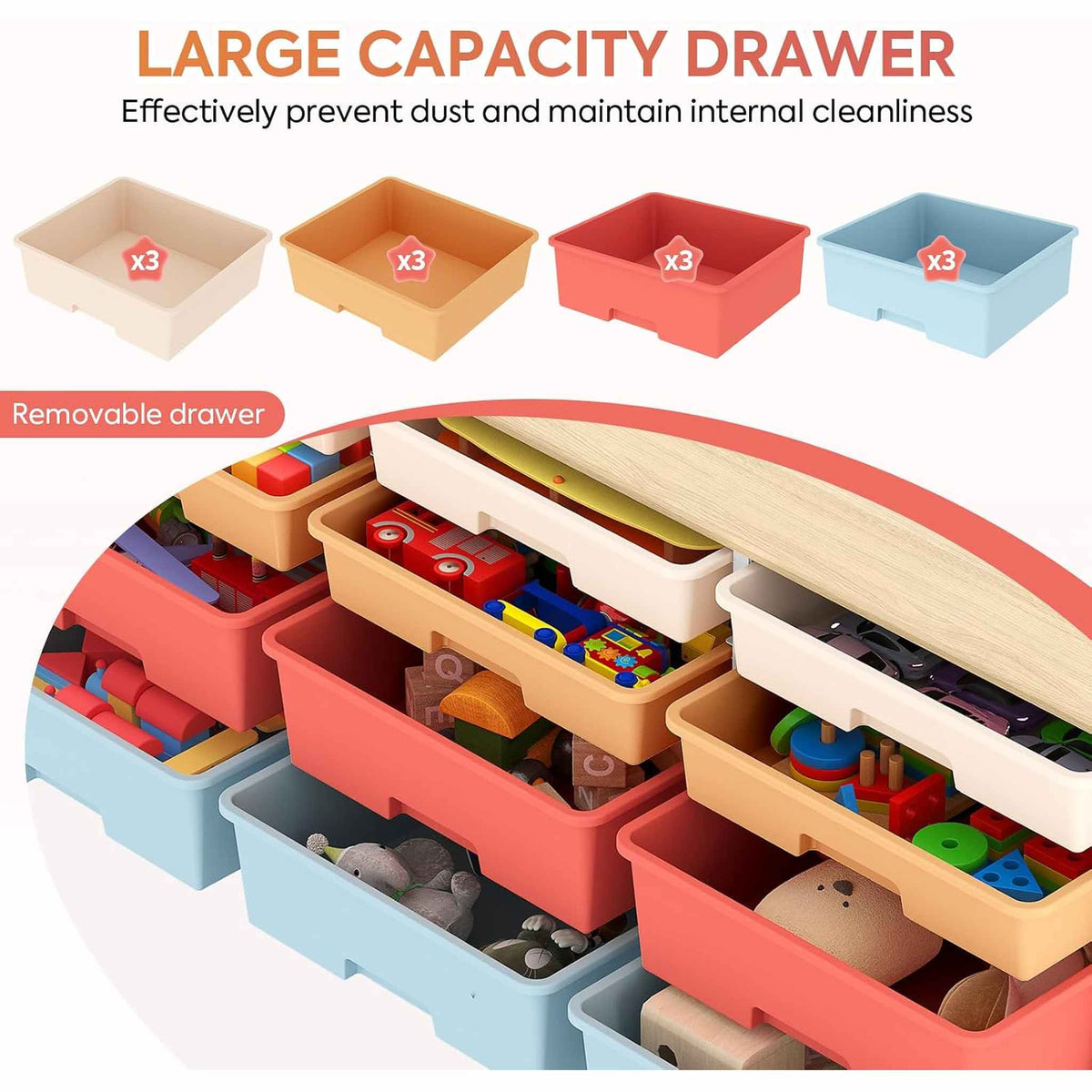 SYKIARIOL 12-drawer storage cabinet – large removable drawers filled with toys, in four colors