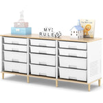 SYKIARIOL 12-drawer storage cabinet, white drawers with natural wood legs, styled with kids toys and books