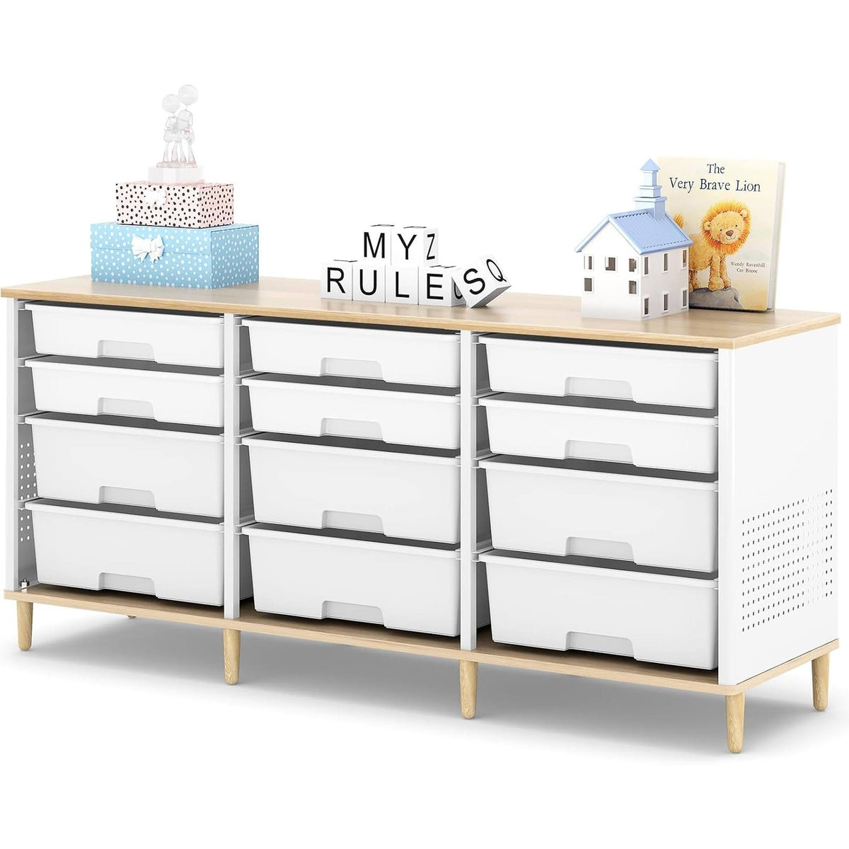 SYKIARIOL 12-drawer storage cabinet, white drawers with natural wood legs, styled with kids toys and books