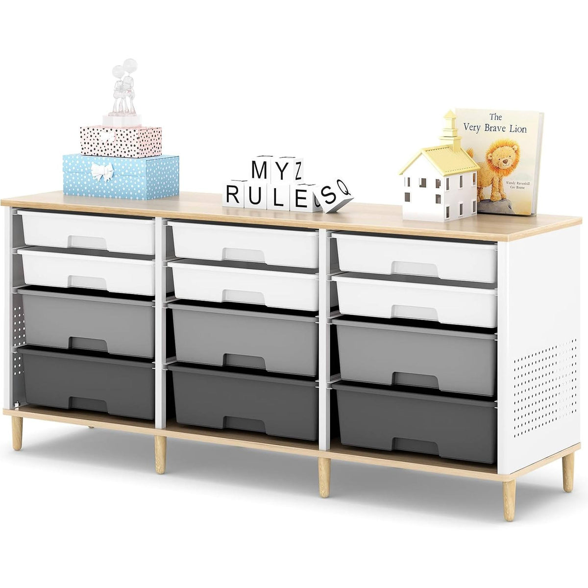 SYKIARIOL 12-drawer storage cabinet, gray and black drawers