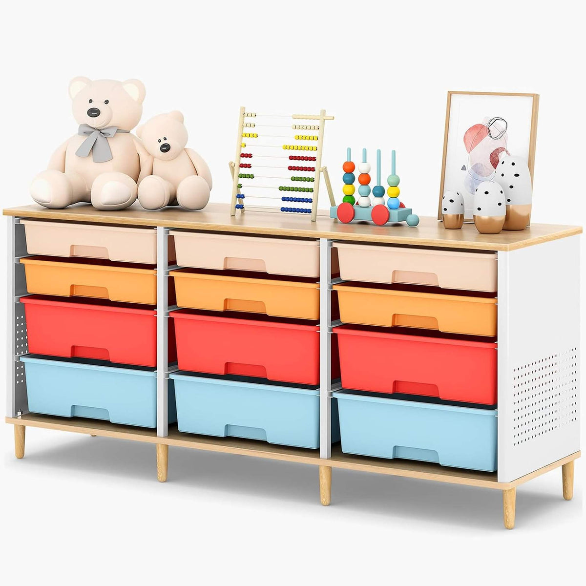SYKIARIOL 12-drawer storage cabinet, multicolor drawers in orange, red, peach and blue with plush toys on top