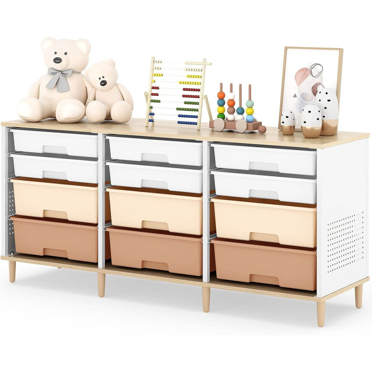 SYKIARIOL 12-drawer storage cabinet, warm apricot and beige drawers with stuffed animals on top