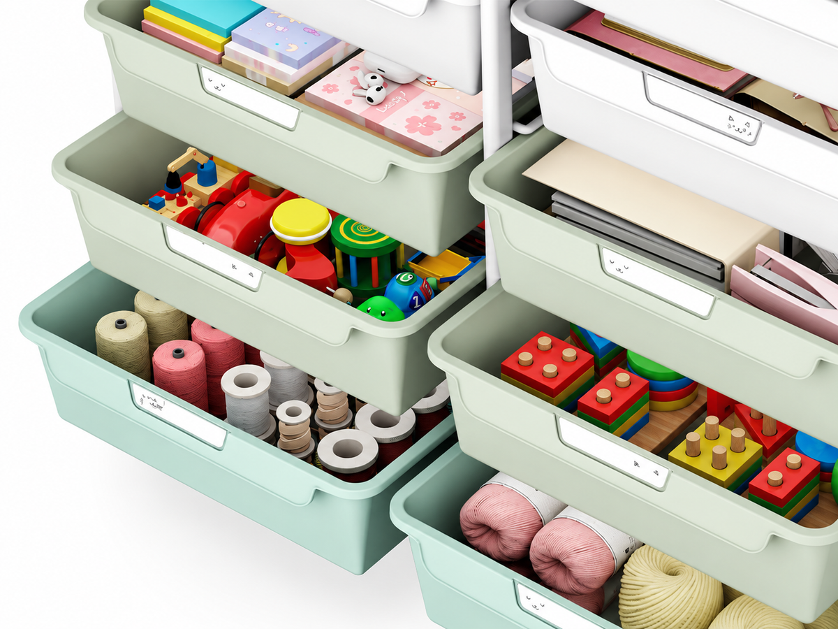 Close-up of mint green drawers filled with toys, yarn and craft supplies